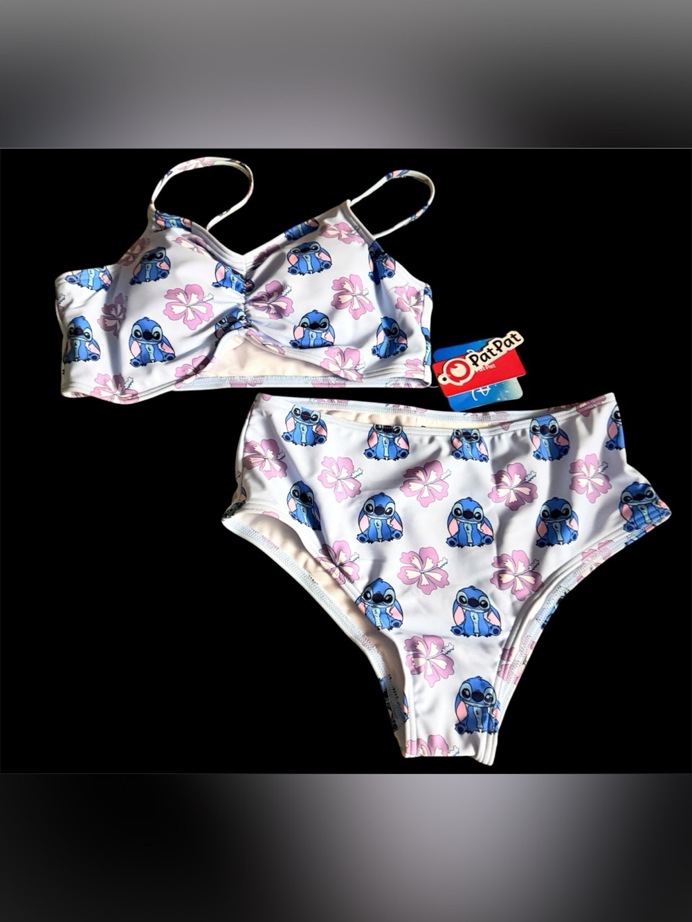 PatPat White Girls' Two-Piece Swim Set with Blue Character and Pink Floral Print
